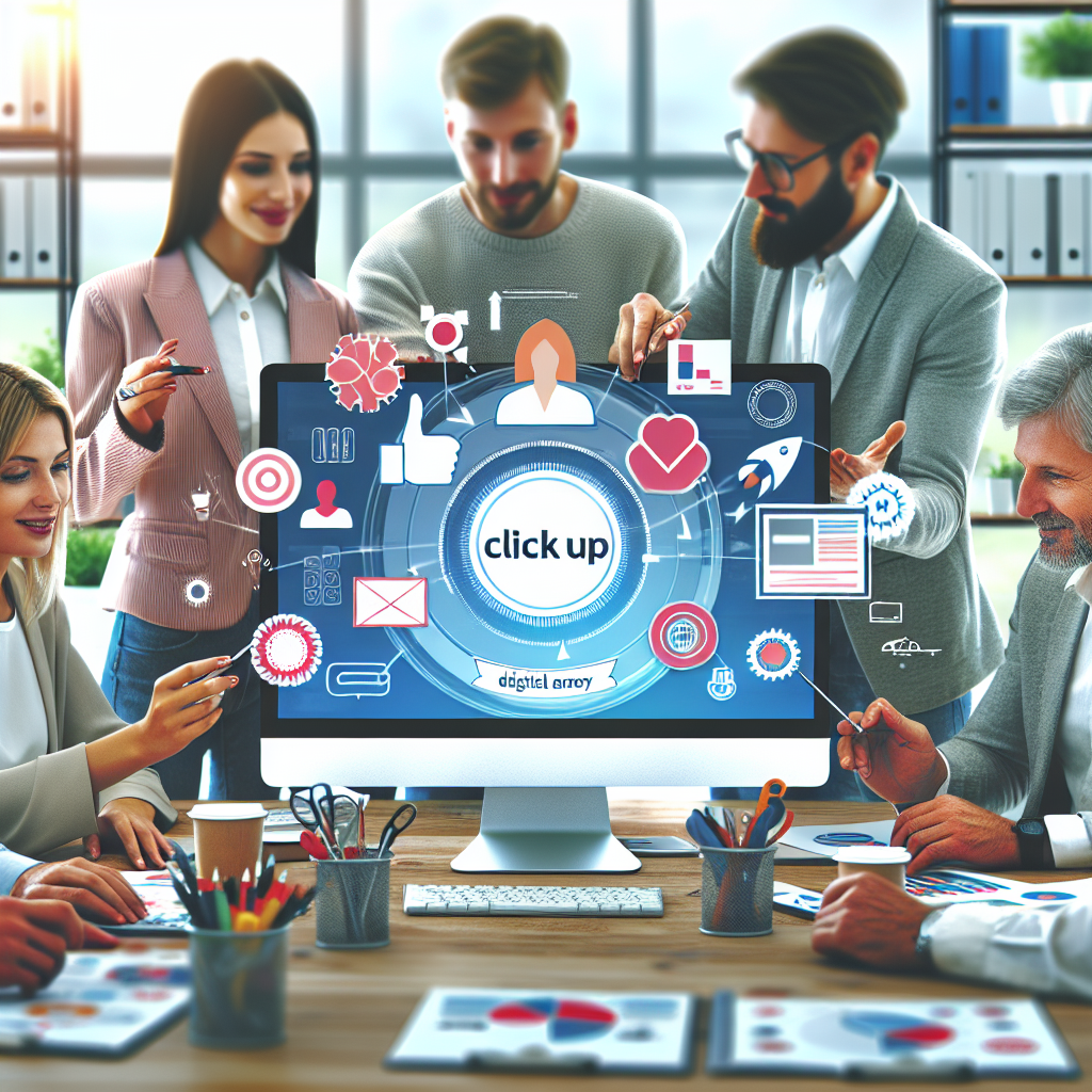 Imaginea unei echipe eficiente de agentie digitala lucrand cu ClickUp pe ecranul computerului, tipuri europene, birou modern, produse stralucitoare, atmosfera prietenoasa.