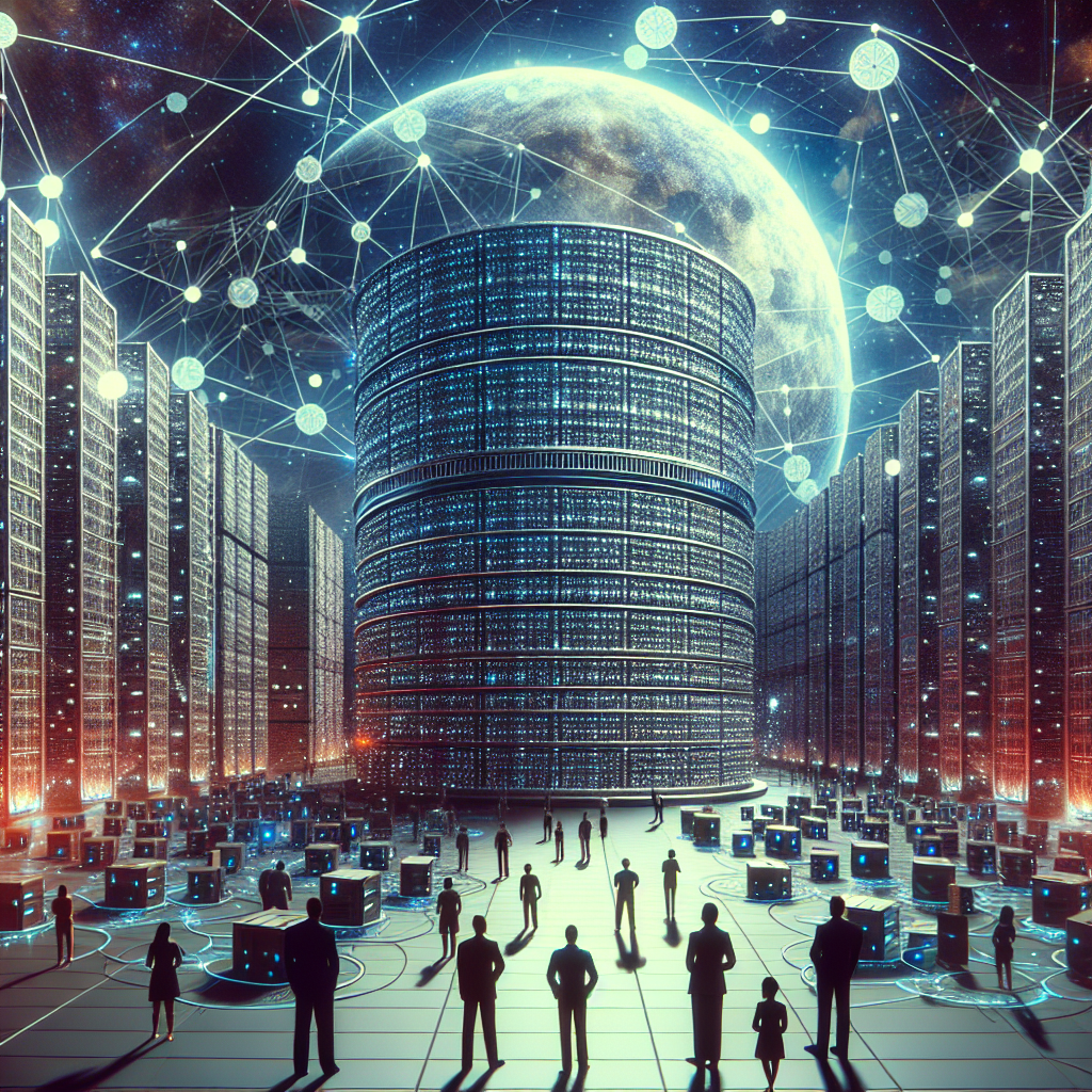 Imagine care arata contrastul dintre sistemele centralizate si cele descentralizate de stocare a datelor, cu un accent vizual pe IPFS, toate persoanele avand un tip de aspect european.