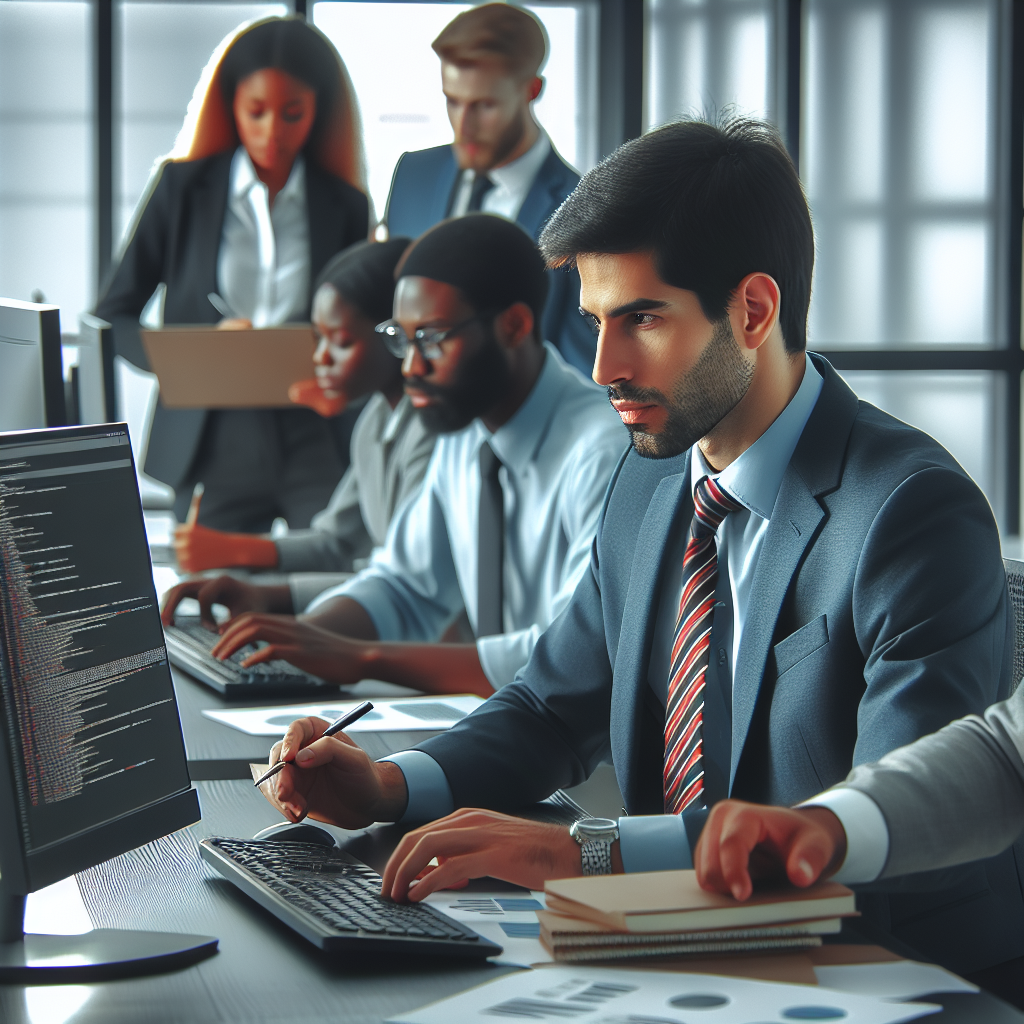 Imaginea unui specialist profesionist, care lucreaza cu monitorizarea si analiza logurilor Graylog in birou. Aspectul tuturor persoanelor trebuie sa fie de tip european. Atmosfera generala trebuie sa fie prietenoasa si productiva.
