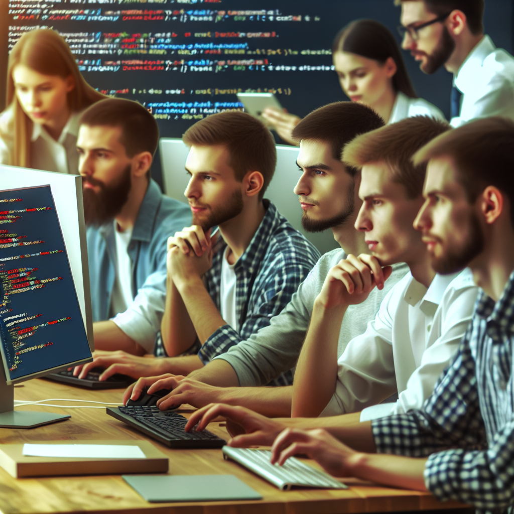 Изображение команды IT-специалистов, работающих над разработкой игры на компьютере, с сосредоточенными лицами и экранами с кодом, иллюстрирующее процесс разработки игры на Godot Engine. Все участники выглядят европейского типа.