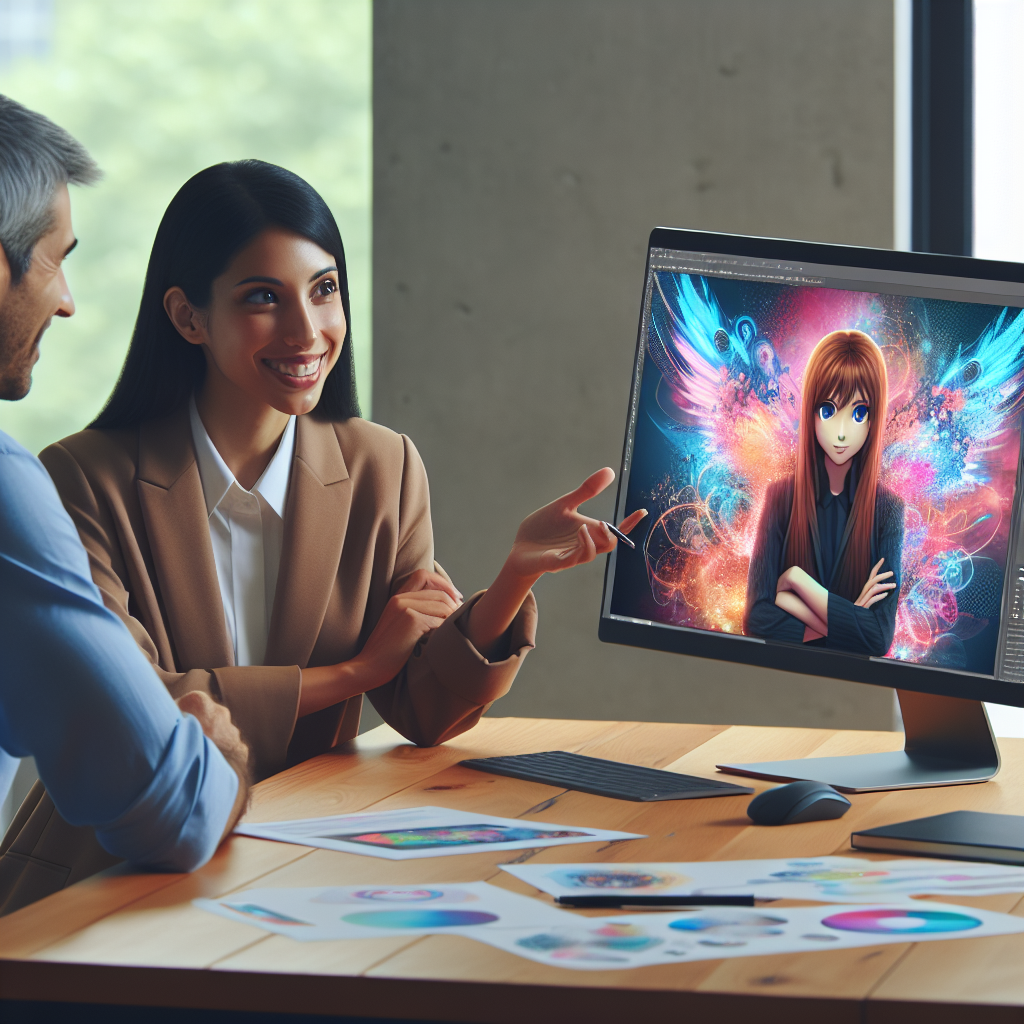 Imaginea unui IT-manager de succes, discutand un proiect de arta 2D si arta anime cu un client, pe ecranul computerului afisandu-se arta 2D vibranta si colorata.