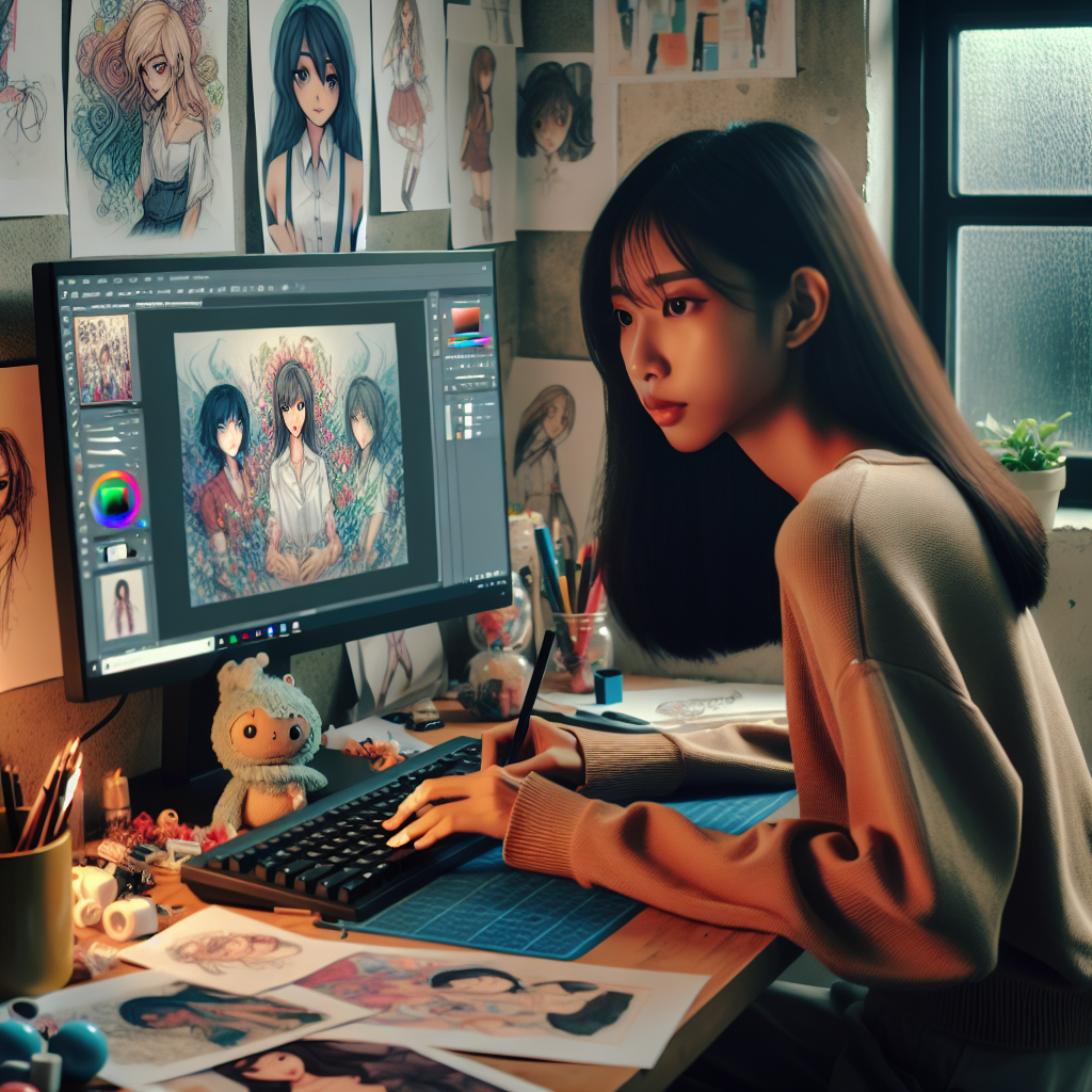 Imaginea unui artist care lucreaza la computer cu programul Krita deschis, vizionand proiectele sale de arta 2D si arta anime, intr-o atmosfera creativa plina de desene colorate.