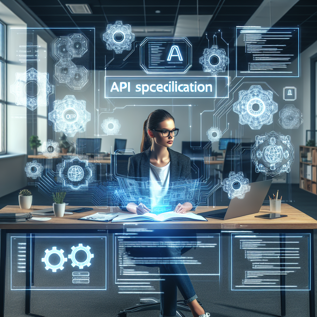 Un dezvoltator studiaza specificatia OpenAPI, cu elemente vizuale care subliniaza integrarea API, in fondul unui birou modern, cu oameni de tip european.