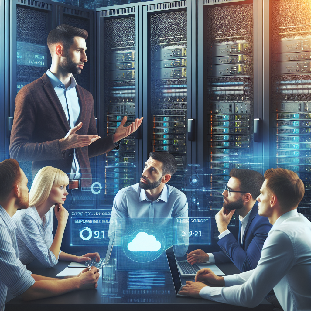 Imagine cu specialisti ai unei companii IT discutand despre alegerea VPS-ului, in fata unor rack-uri server cu ecrane care afiseaza indicatori de performanta. Toti oamenii au aspect european.