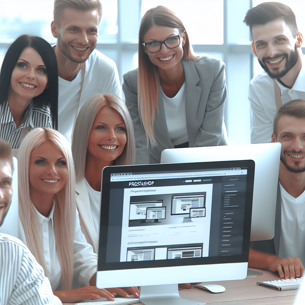 Grup de persoane care lucreaza la dezvoltarea unui site web intr-un birou, cu trasaturi europene, zambind si discutand despre proiect. Pe ecrane se pot vedea elemente ale <a href=