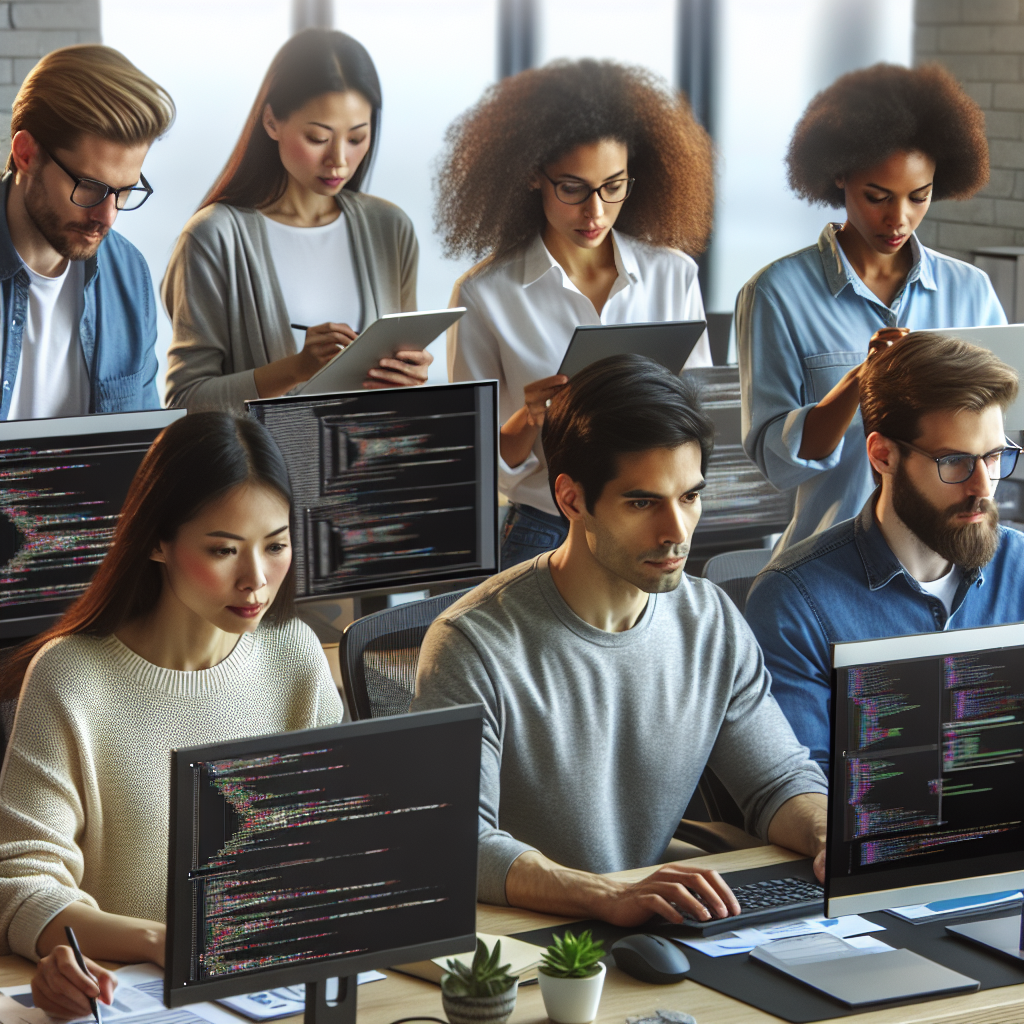 На изображении профессиональная IT-команда европейского типа, работающая над разработкой программного обеспечения в современном офисе. Люди сосредоточены на своих компьютерных мониторах, окружены документами и ноутбуками.