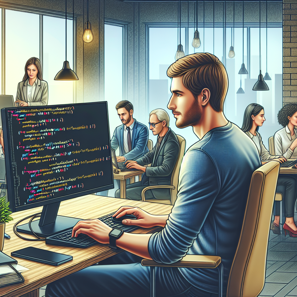 Imaginea unui programator la birou, scriind cod in <a href=