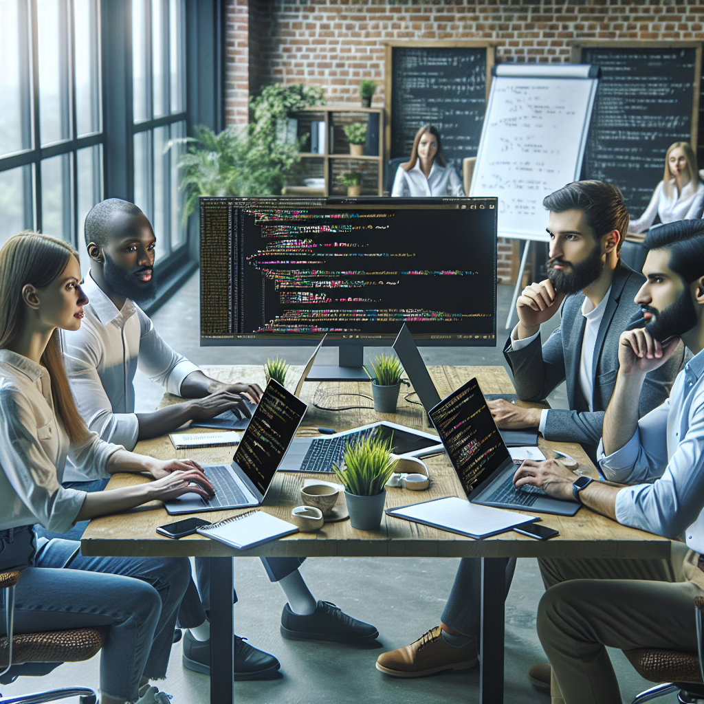 Imaginea unei echipe de programatori care lucreaza impreuna la o masa, cu cod in Python afisat pe ecran, intr-un birou modern, cu oameni de tip european.