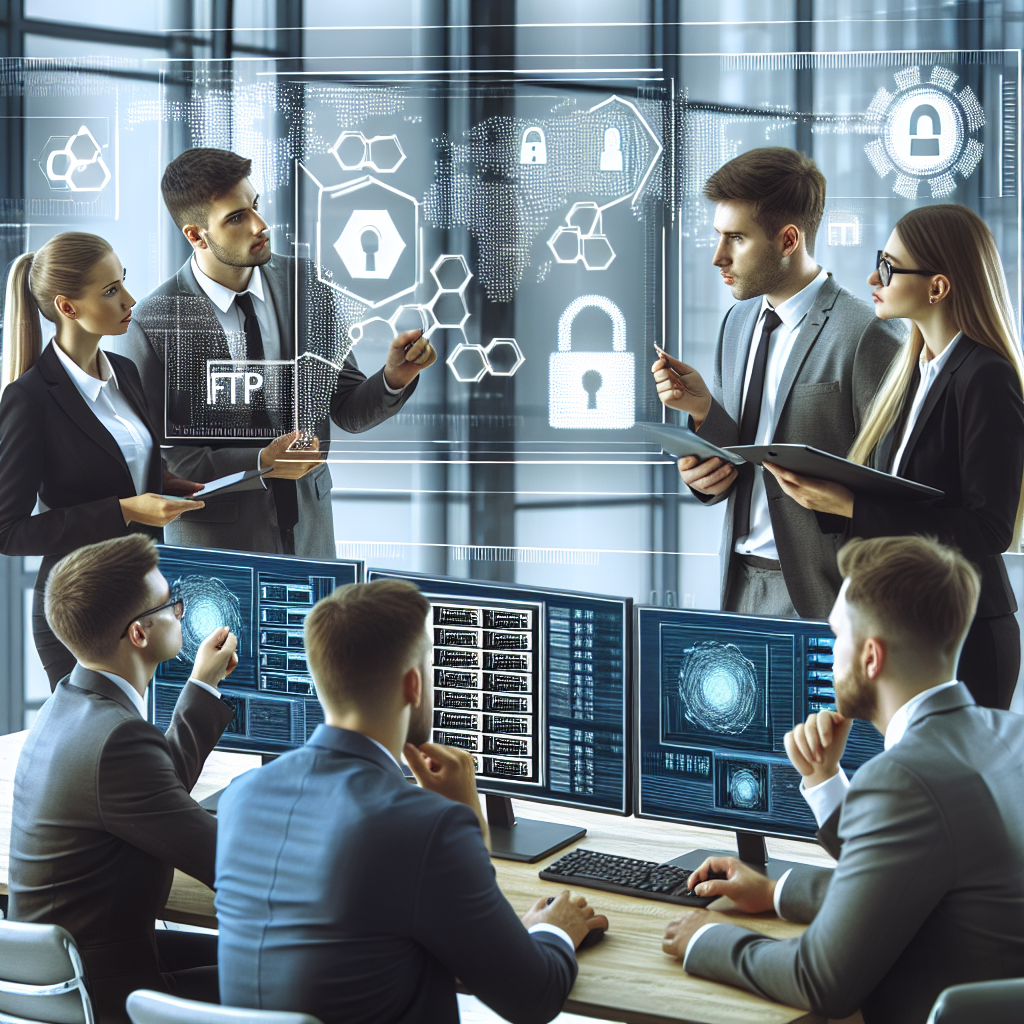 Imagine cu oameni de tip european care lucreaza la computere, discutand despre utilizarea FTP si SFTP intr<a href=