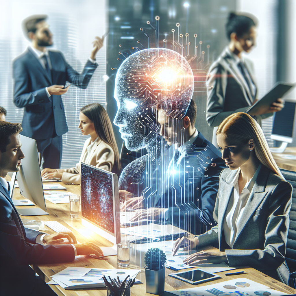imagineda procesul de integrare a AI in afaceri, cu angajati de aspect european, utilizand <a href=