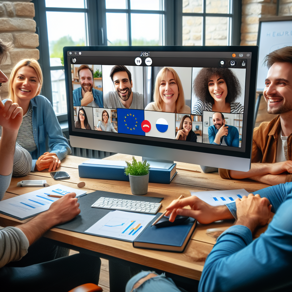 Imagine cu un grup de oameni europeni care discuta printr-un apel video pe Jitsi Meet intr-un birou confortabil. Toti participantii par multumiti si implicati in discutie.