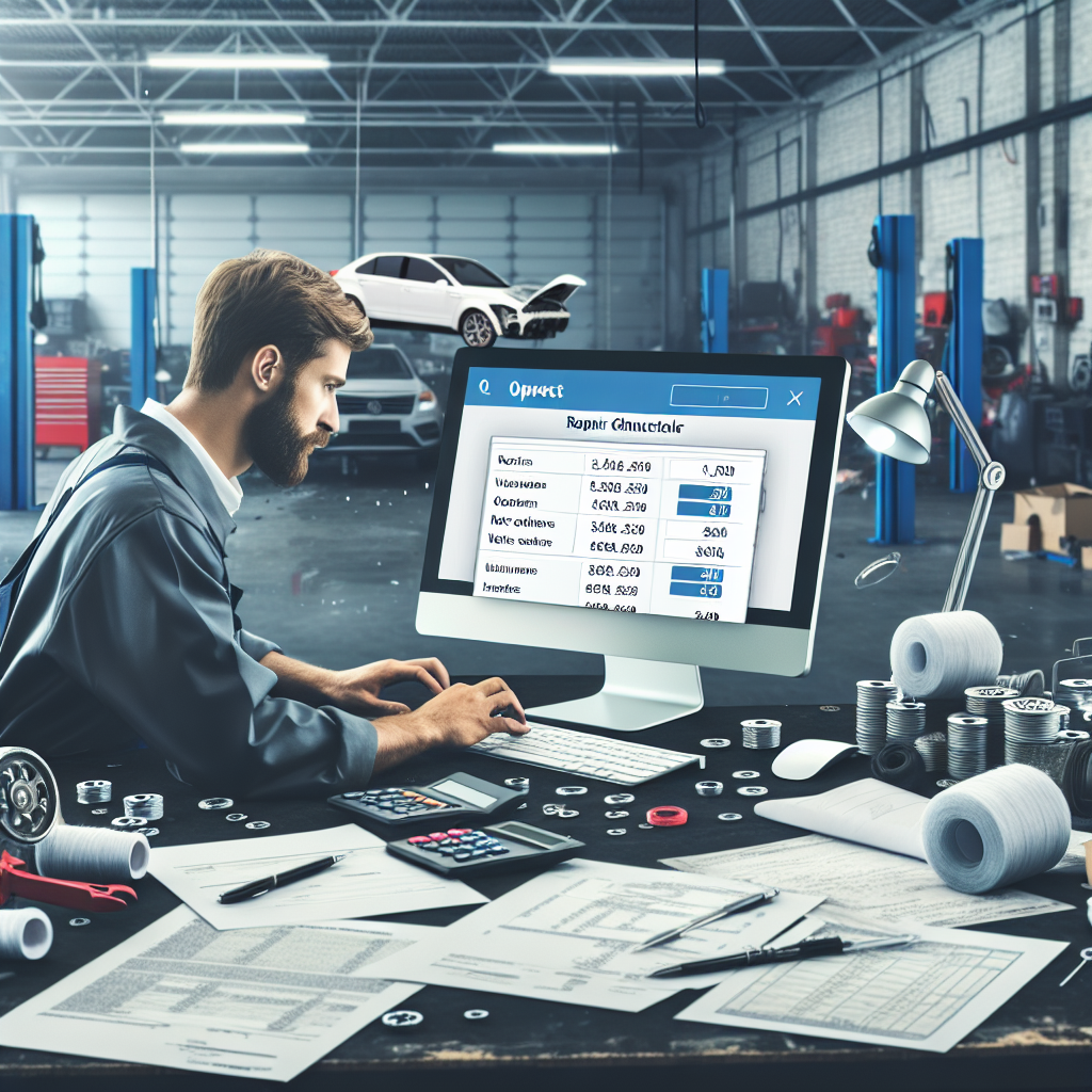 Imagine a unui loc de munca intr-un service auto, unde un mecanic utilizeaza un calculator cu un program de calcul al costurilor reparatiei, inconjurat de documente. Mecanicii au trasaturi europene.