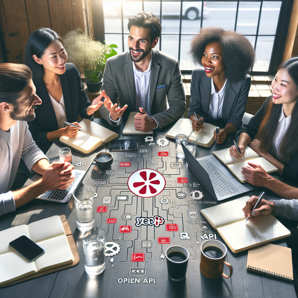 Grup de profesionisti europeni lucrand la o masa, utilizand laptopuri si discutand despre implementarea tehnologiilor Yelp API si OpenAI API pentru afaceri.