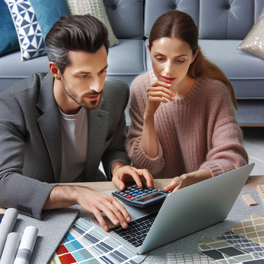 Imagine cu un barbat si o femeie care analizeaza un calculator de renovare a apartamentului pe un laptop, in jurul carora sunt mostre de materiale, cum ar fi gresia si tapetul.