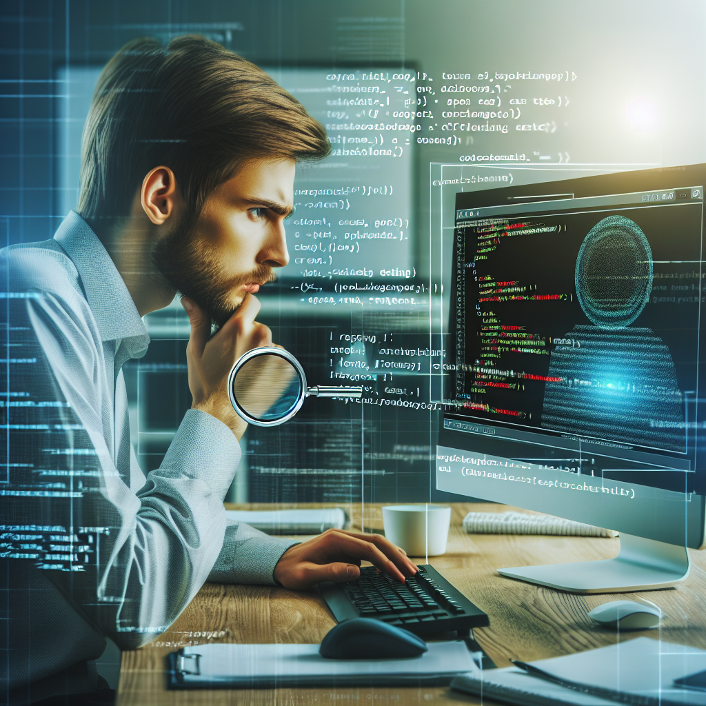 Молодой профессионал европейского типа работает за компьютером, изучая код с элементами тестирования программного обеспечения на экране. Визуальные акценты на языке программирования <a href=