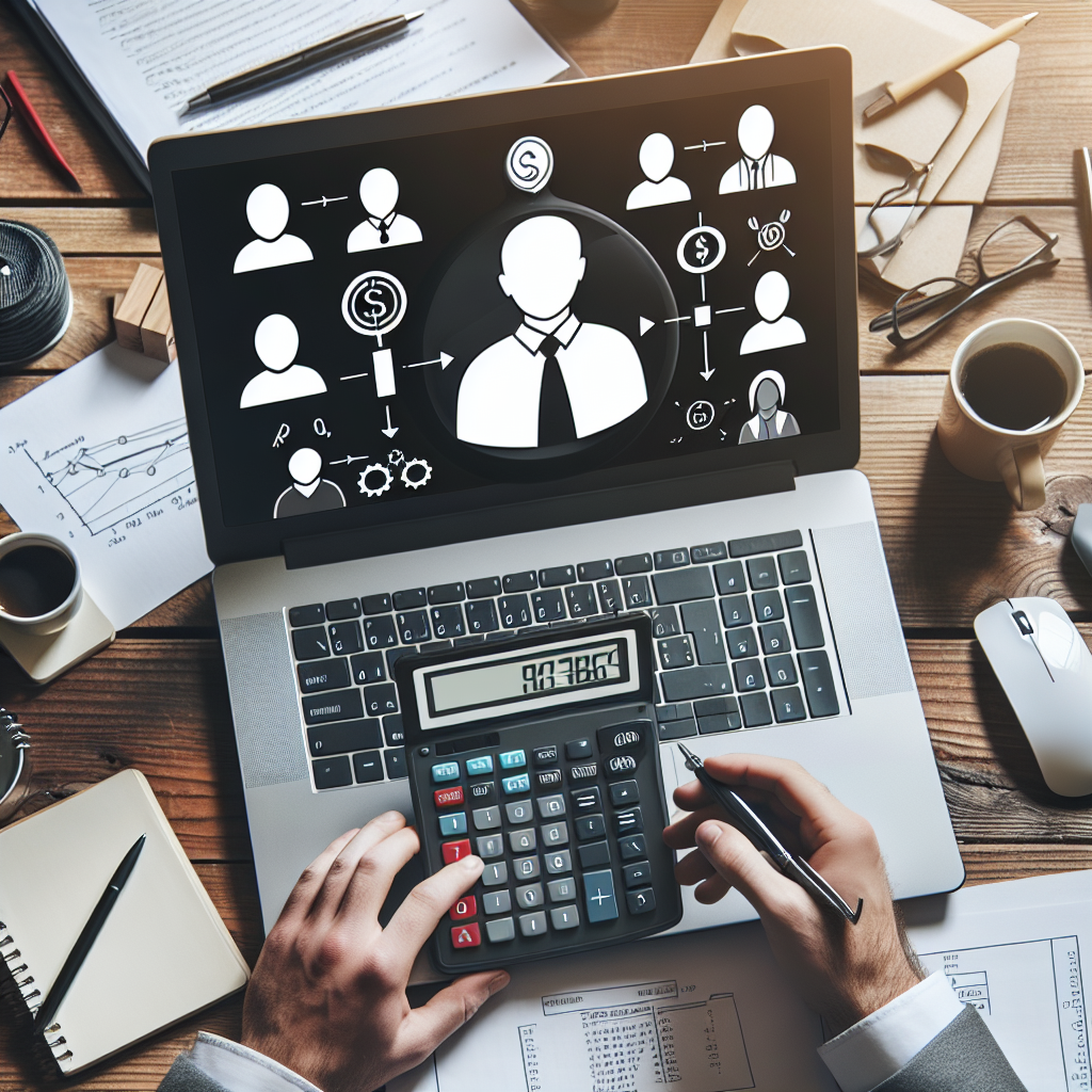 Imagine a unui loc de munca pentru programatori, cu un laptop pe birou, avand pe ecran un calculator financiar. Toate persoanele din imagine arata ca europoidii.