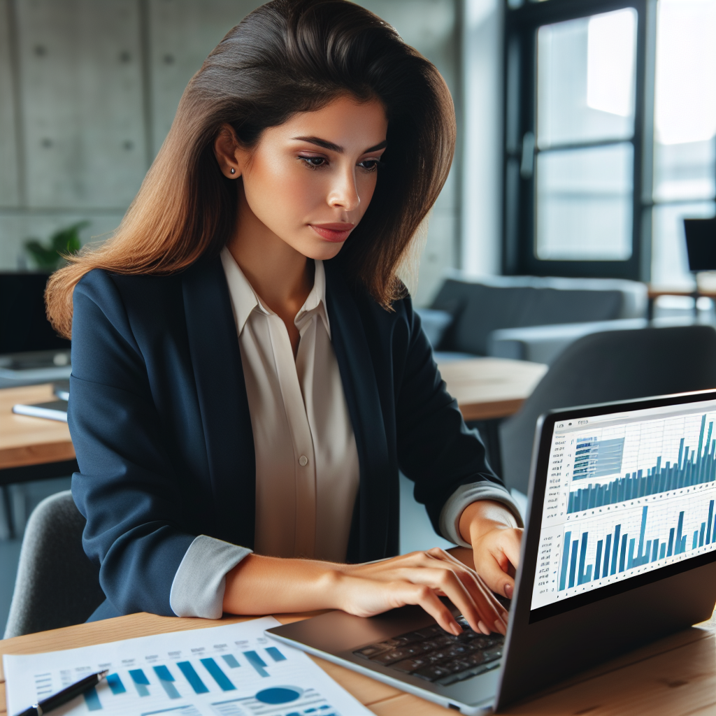 Imagine a unui profesionist lucrand la un calculator financiar pe laptop, cu grafice si date afisate pe ecran. Toate persoanele din imagine arata ca europoidii.