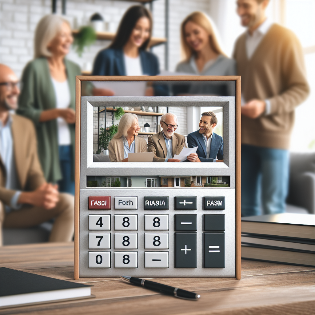 foto a unui calculator modern de evaluare imobiliara pe fundalul unei apartamente primitoare. In imagine, europeni discutand semnificatia rezultatului si razand. Starea de spirit este de usurinta si incredere.
