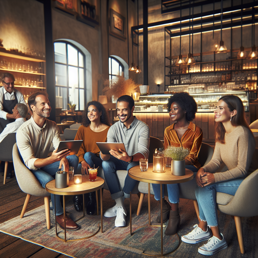 Foto cu un grup de europeni care stau intr-un cafe, discutand despre meniu si zambind, decorul fiind confortabil si modern, cu accent pe tehnologie si procesul de servire.