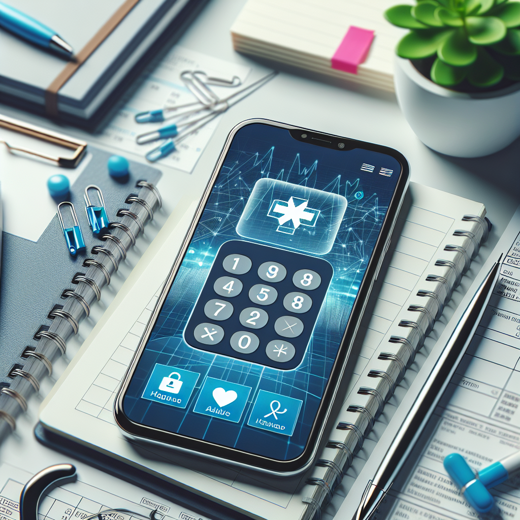 Imaginea unui calculator medical online afisat pe ecranul unui smartphone, asezat pe un birou, inconjurat de caiete si pixuri, cu un fundal care reflecta o atmosfera de birou. Persoanele din imagine au trasaturi europene.
