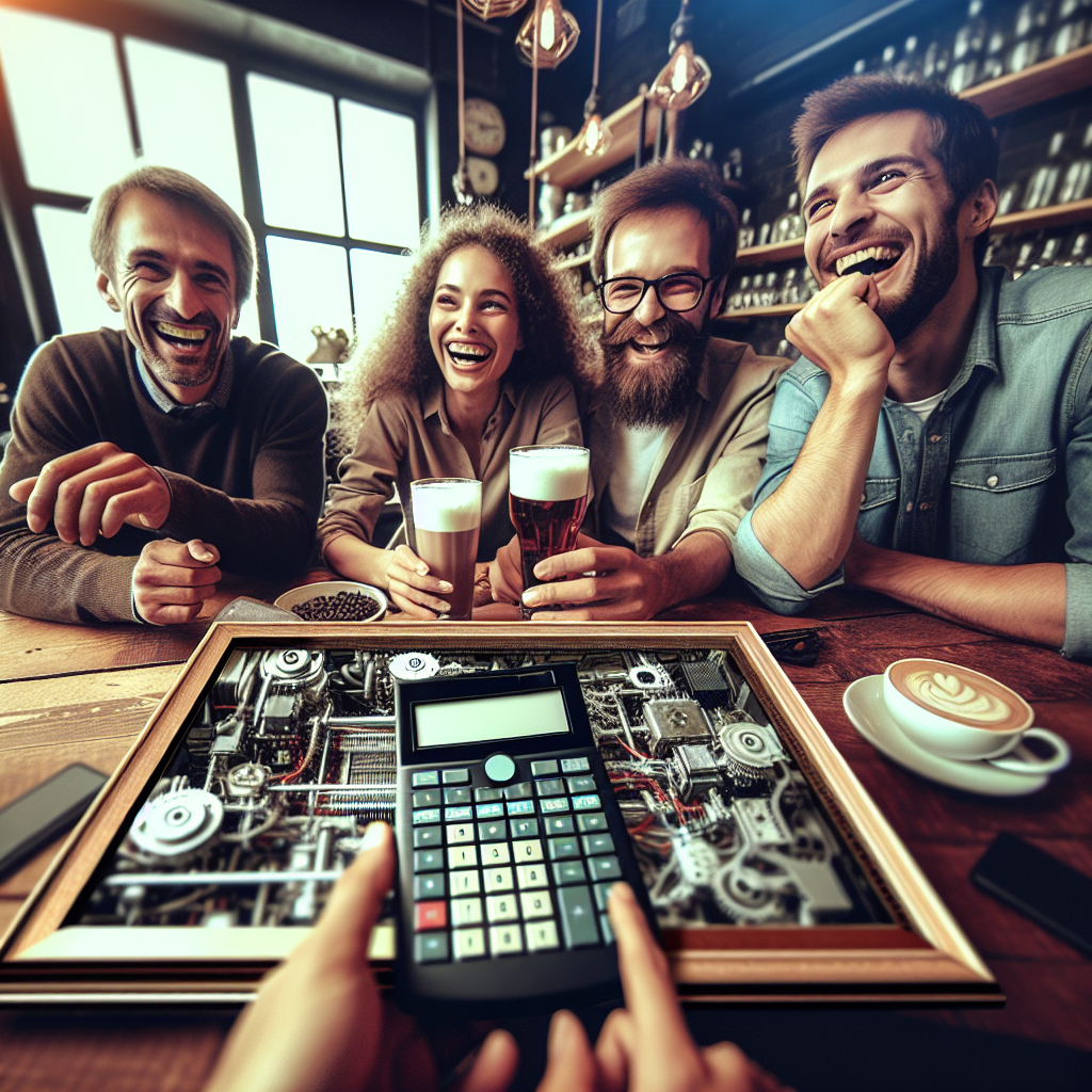 Foto cu un cafe confortabil, unde europeni discuta despre un calculator aflat pe masa, cadru care surprinde fete zambitoare si echipamente tehnologice din jur.
