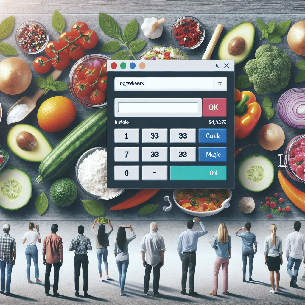 Imagine a unui calculator online de retete, aratand interfata in care utilizatorul introduce ingrediente pentru reteta. Toate elementele trebuie sa arate realist, ca in fotografie. Pe fundal se pot observa ingrediente proaspete, cum <a href=