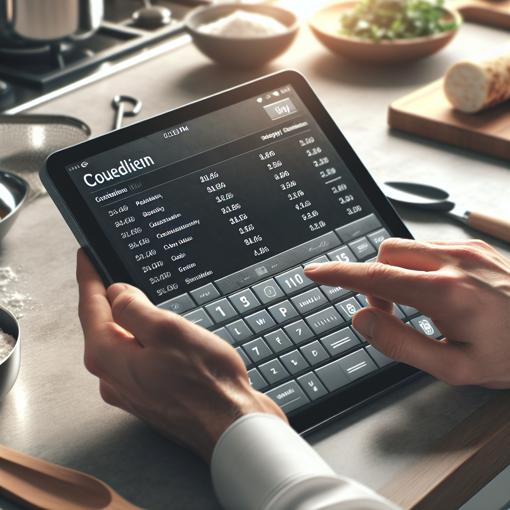 Imagine care arata cum utilizatorul interactioneaza cu un calculator online de retete pe un tableta, introducand ingrediente pentru reteta. Toate elementele trebuie sa arate realist, ca in fotografie. Persoanele trebuie sa aiba un aspect european.