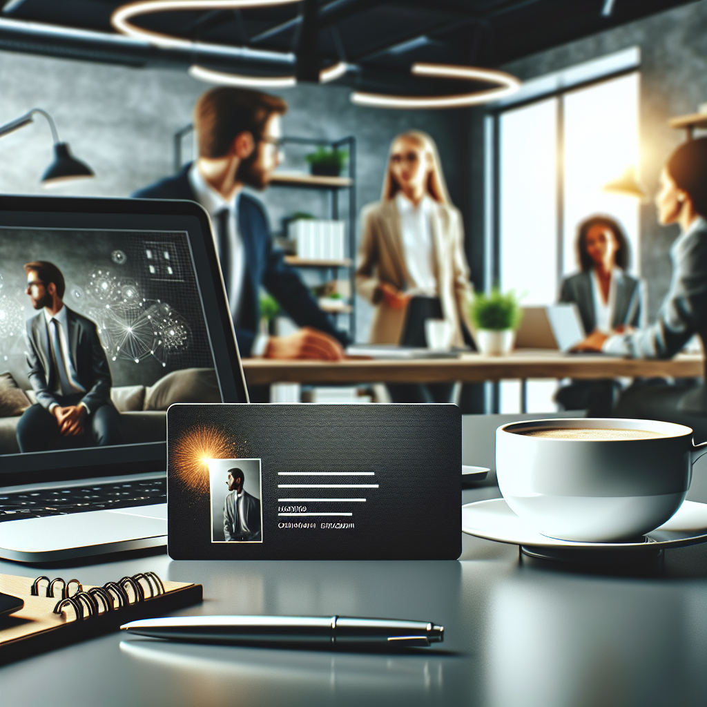 Imagine cu o carte de vizita inteligenta asezata pe un birou modern, in fundal cu un laptop si o ceasca de cafea, avand oameni de tip european in jur.