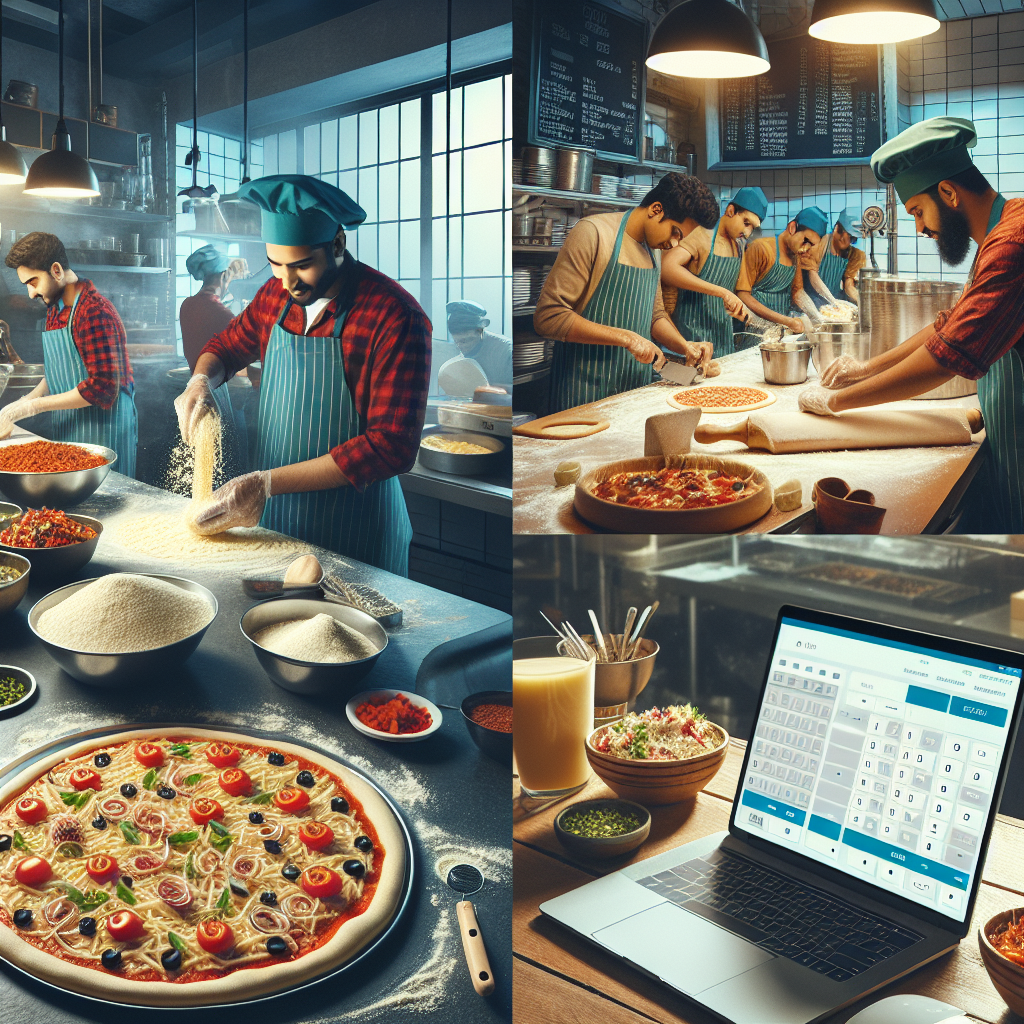 Imagine cu oameni care lucreaza intr-o pizzerie, cu un sistem automatizat de calculare a comenzilor pe un ecran de computer. Toate persoanele sunt de tip european, intr-o atmosfera animata a bucatariei.