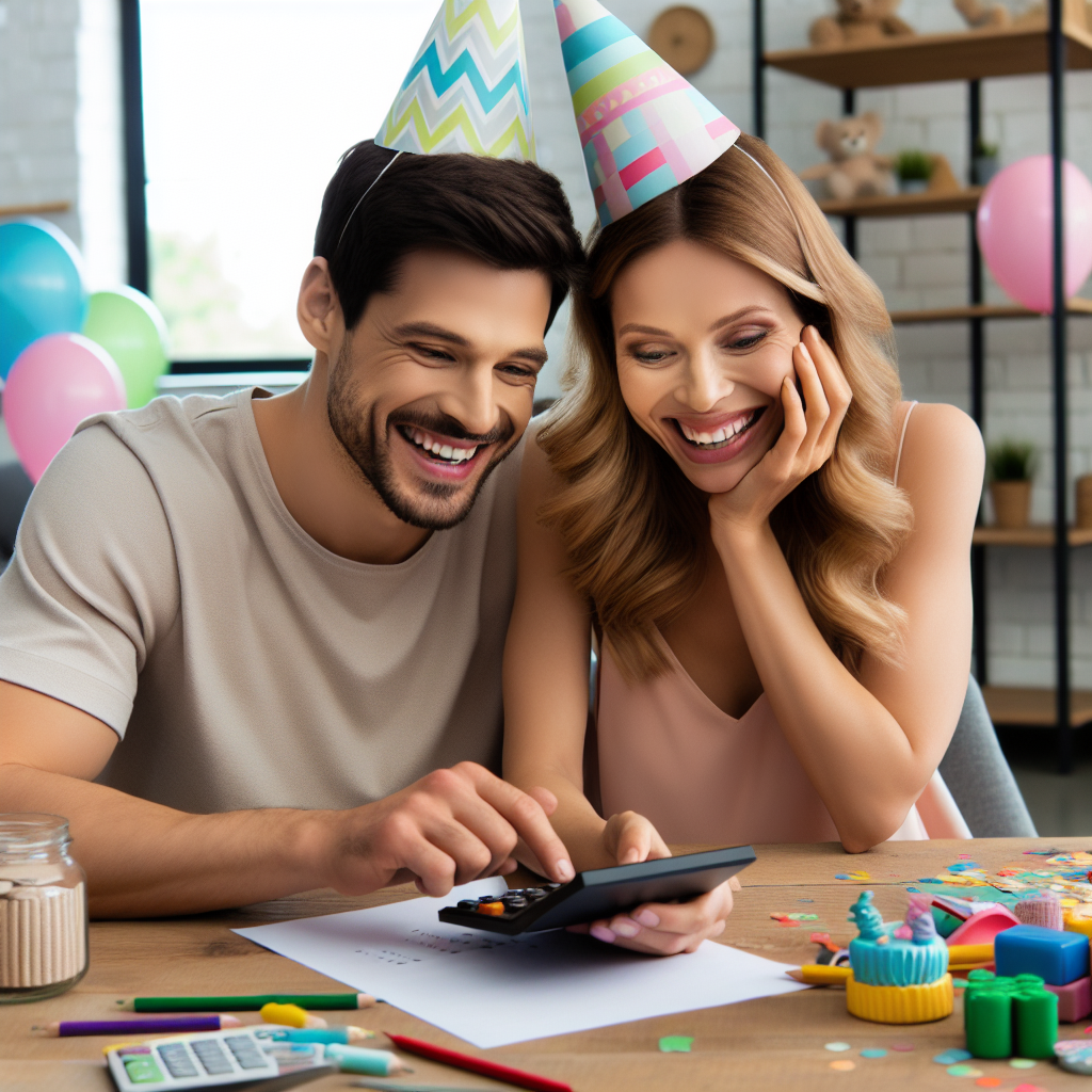 Imagine cu parinti folosind un calculator pentru a planifica o petrecere pentru copii. Toti arata fericiti si concentrati pe rezultate. Aspectul tuturor oamenilor trebuie sa fie de tip european.