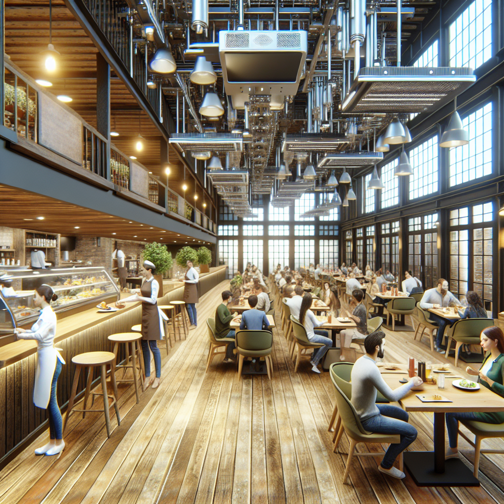 Imagine a unui restaurant cu interior european, avand o atmosfera relaxata, in care se pot observa chelneri si clienti. In fundal, se afla echipamente de inalta tehnologie, iar designul interior reflecta un stil modern si automatizat.