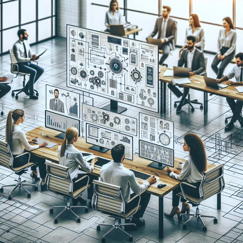 Grup de profesionisti IT lucrand la un proiect, oameni de tip european, in birou, cu un computer pe ecranul care se afla o aplicatie de videoconferinta.