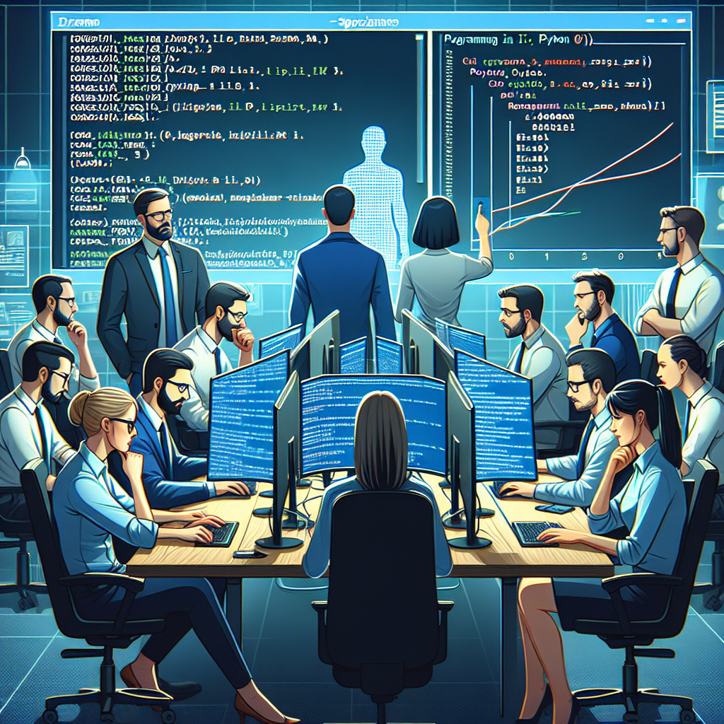 Команда IT-специалистов с европейской внешностью работает над квантовым компьютером, сосредоточенно смотря на экраны с графиками и данными программирования на <a href=
