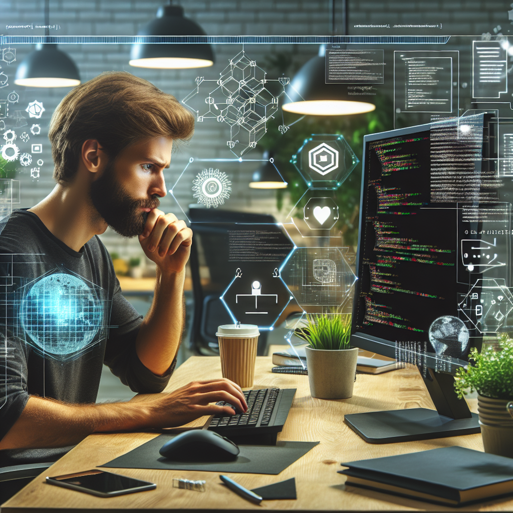 Programator lucrand la computer, cu cod pe ecran, inconjurat de elemente tehnologice legate de WebRTC, intr-o atmosfera confortabila de birou, toti oamenii de tip european.