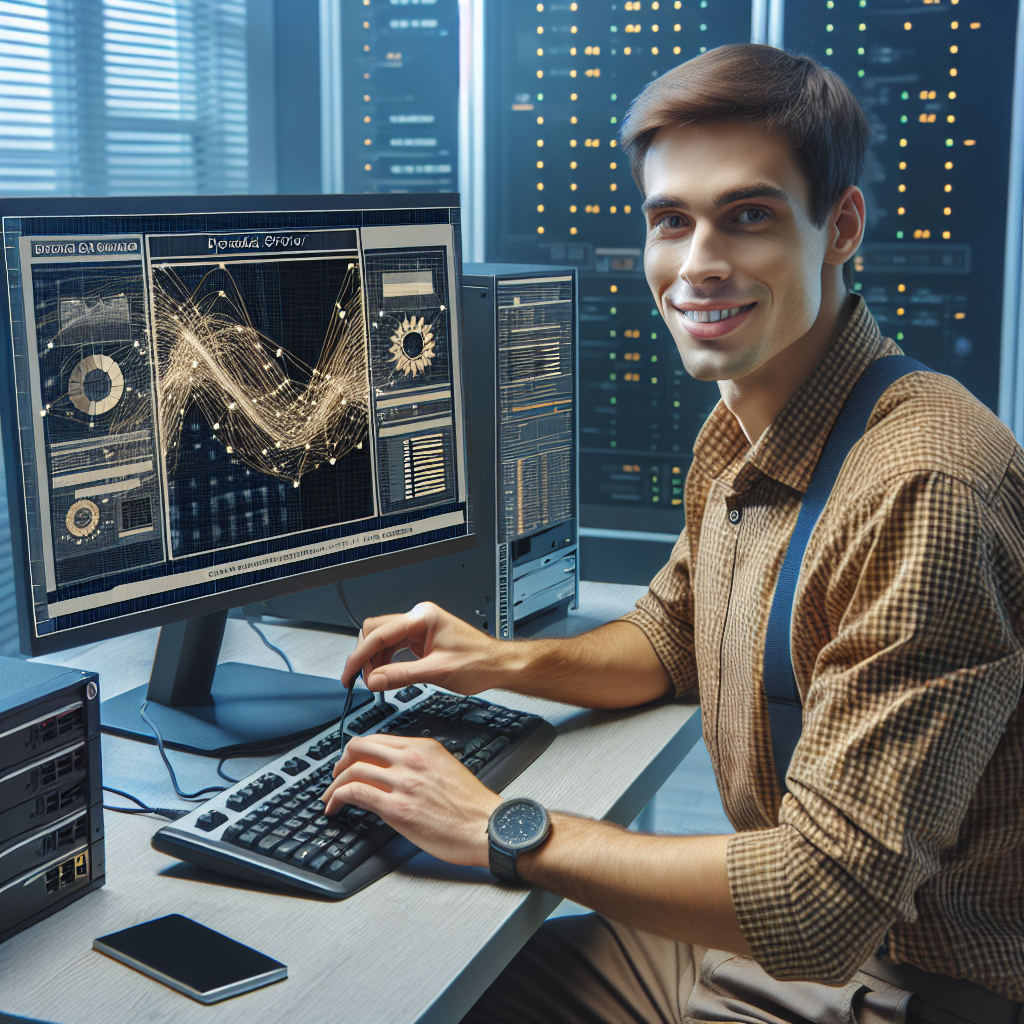 Imaginea unui specialist IT prietenos care instaleaza un server media pe un computer, cu grafice de flux de date afisate pe ecran. Imaginea trebuie sa arate ca o fotografie, astfel incat sa nu poata fi diferentiata de realitate. Persoanele trebuie sa aiba trasaturi europene.