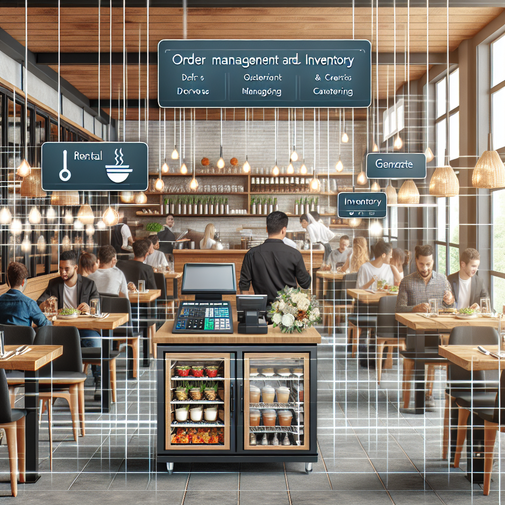 Fotografie a unui restaurant modern cu atmosfera confortabila, unde oaspetii se bucura de mancare si servicii de calitate, cu ospatari la mese si aparate de casierie, iar pe pereti sunt afisate tehnologii pentru managementul comenzilor si inventarului.