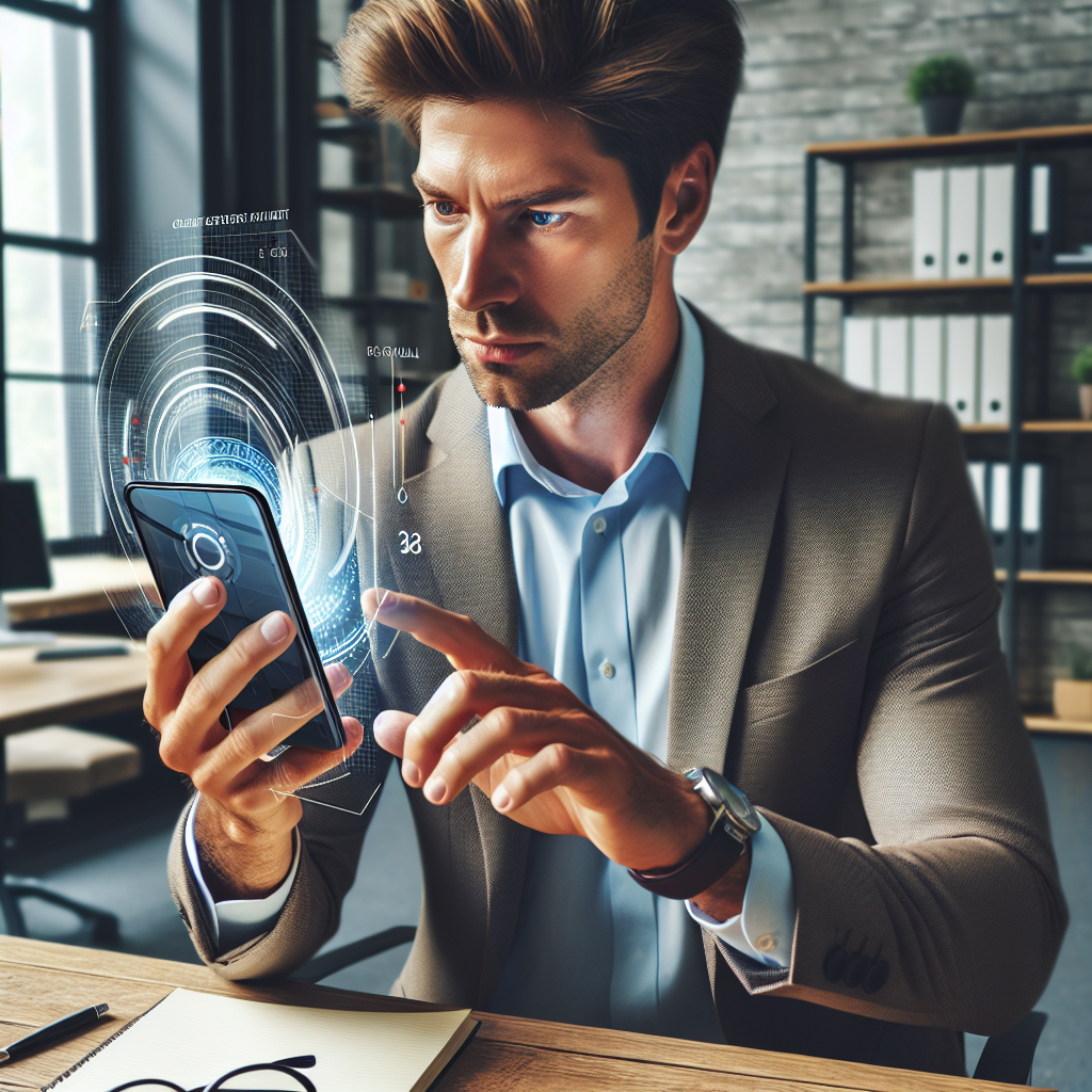 Businessman folosind o aplicatie AR pe smartphone intr-un birou elegant. Aparitia businessman-ului ar trebui sa fie de tip european. Imaginea ar trebui sa arate ca o fotografie.