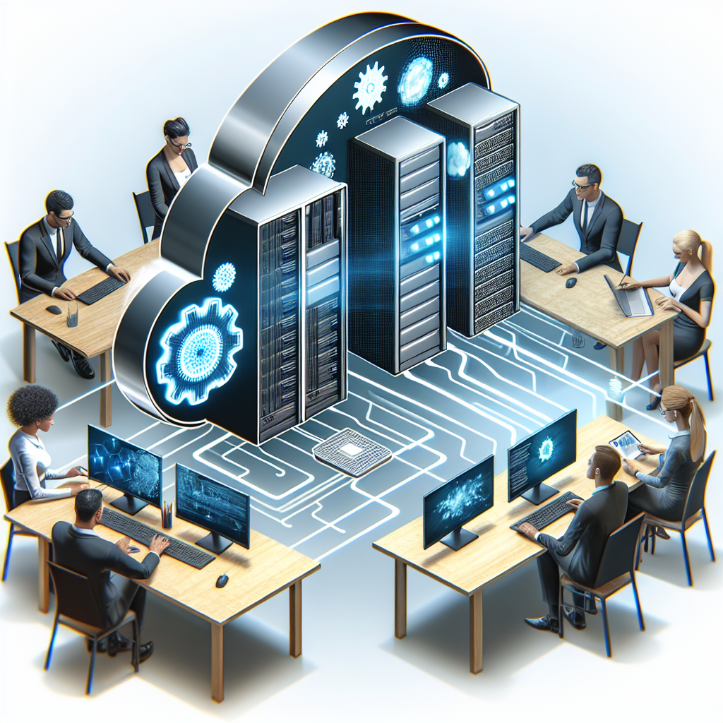 Imagine care ilustreaza conceptul de inchiriere a serverelor obisnuite si cloud cu procesor grafic pentru AI si ML, cu clienti europeni care lucreaza la calculatoare si discuta despre <a href=
