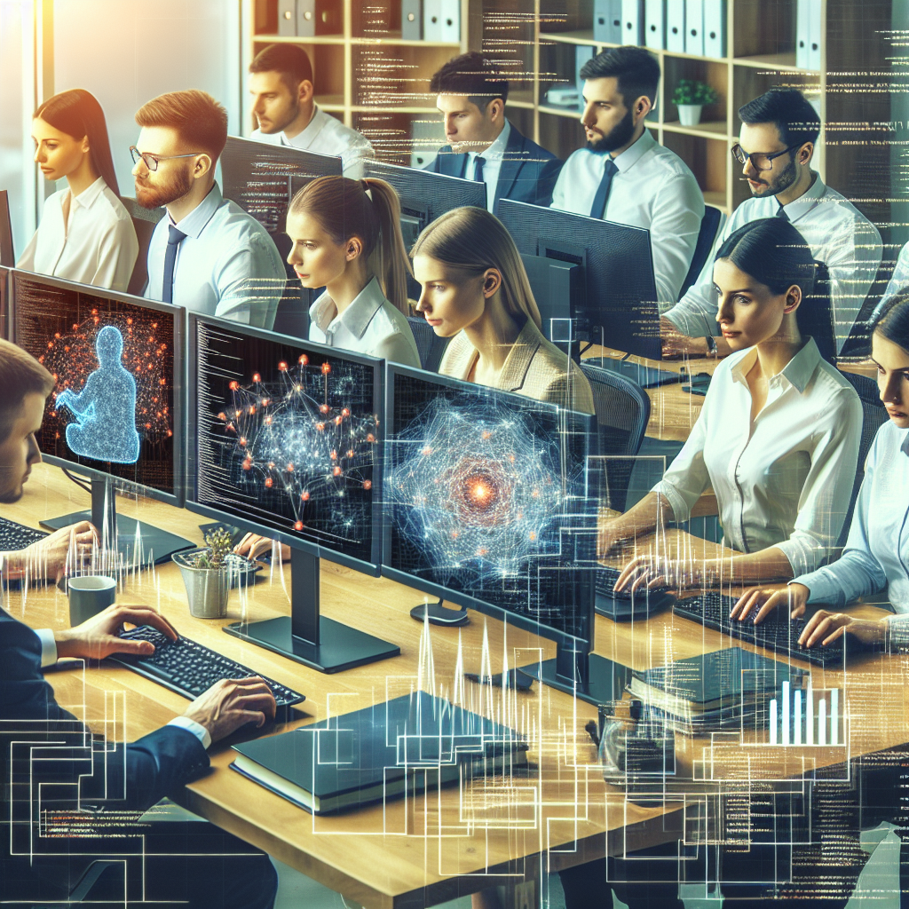 Imagine cu o echipa de profesionisti care se ocupa de dezvoltarea de software pe TensorFlow, toti oameni de tip european, lucrand la calculatoare cu grafice si coduri pe ecran, intr-un birou modern.
