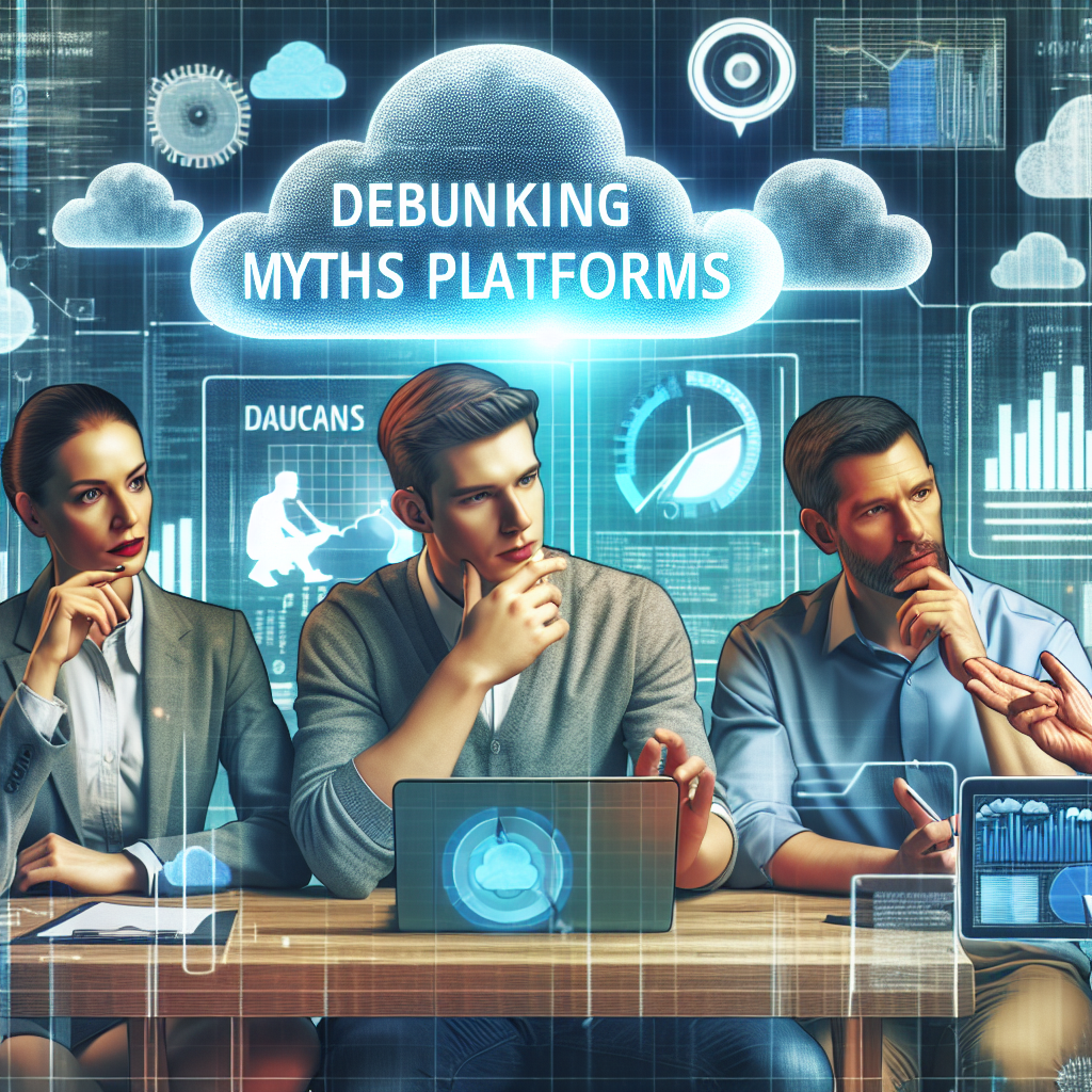 Imagine care ilustreaza conceptul dezvaluirii miturilor despre platformele cloud, cu oameni de tip european discutand aceste mituri, avand grafice si date in fundal.