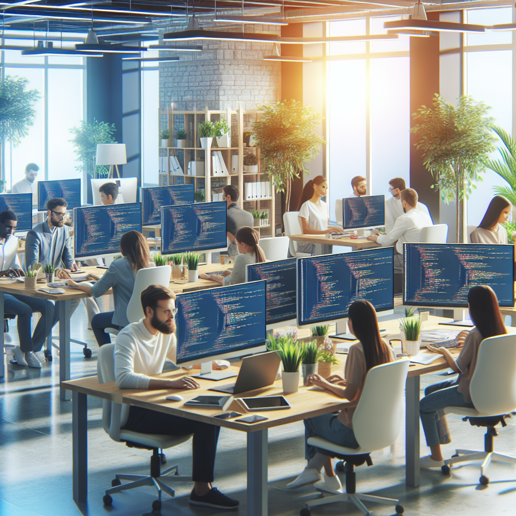 Birou modern cu computere avansate, specialisti europeni care lucreaza la aplicatii Keras, atmosfera prietenoasa si productiva, decorat cu plante luxoase.