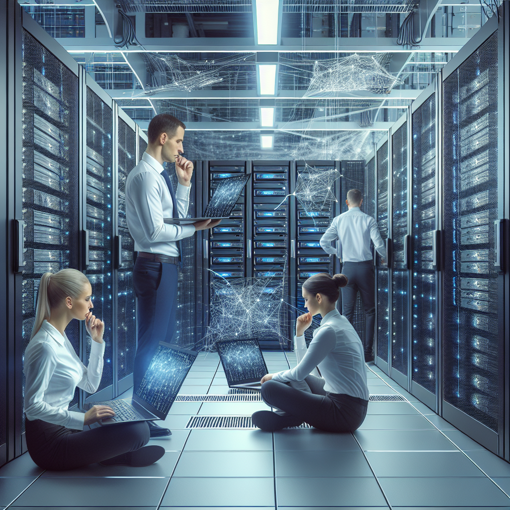 Imagine cu servere moderne in data-center, cu specialisti profesionisti europeni care lucreaza la configurarea virtualizarii, arata ca o fotografie.