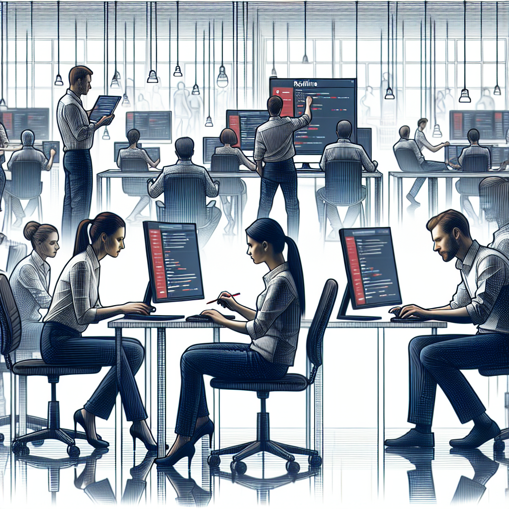 Ilustratie foto cu profesionisti instaland Redmine intr-un birou. Toate persoanele din imagine sunt de tip european, intr-o atmosfera de lucru pe computere si echipamente auxiliare.