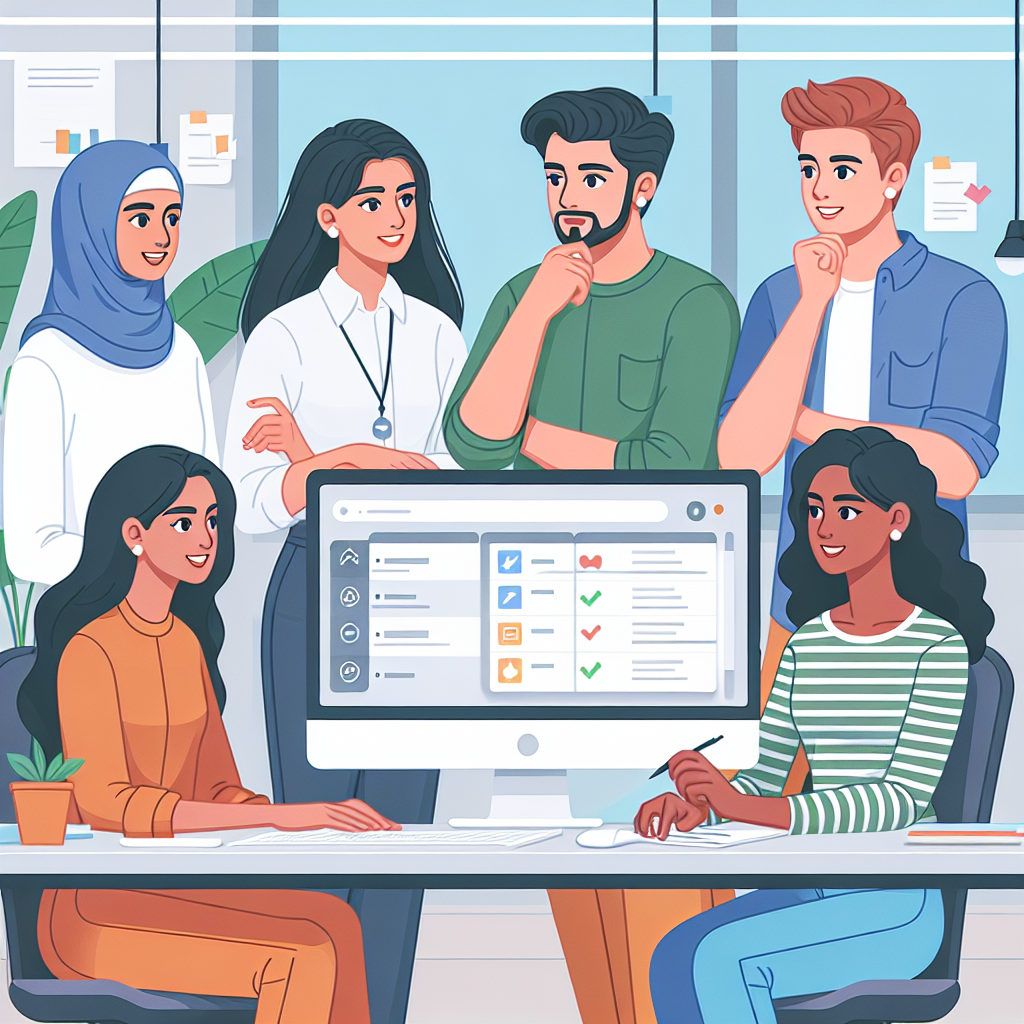 Imagini cu o echipa care lucreaza la proiecte in birou utilizand Asana. Toti oamenii au un aspect european, discutand despre sarcini si urmarind un ecran de computer care afiseaza interfata Asana.
