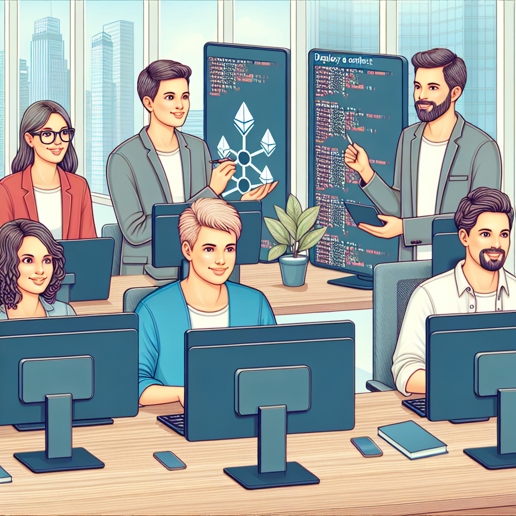 Imagine care ilustreaza procesul de implementare a unui smart contract in aplicatia Truffle, cu IT-specialisti europeni lucrand la computere in mediu de birou.
