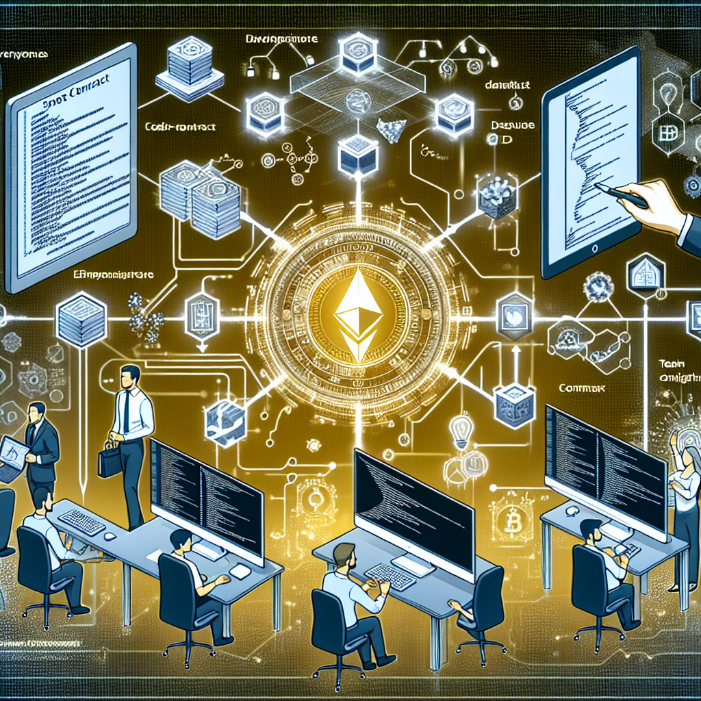 Imagine care ilustreaza procesul de dezvoltare a unui smart contract pentru blockchain-ul TON, folosind tehnologii si elemente vizuale, cum <a href=
