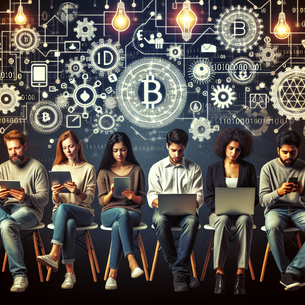 Echipa de dezvoltatori remote lucrand la proiecte in domeniul tehnologiilor blockchain, folosind diverse dispozitive si elemente vizuale care simbolizeaza tehnologia si creativitatea. Toti oamenii ar trebui sa aiba tipologie europeana.