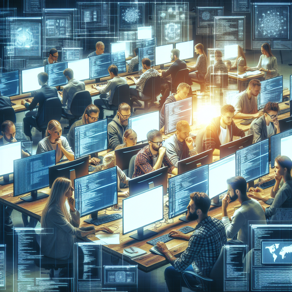 Команда IT-специалистов европейского типа работает над веб-разработкой в офисе, перед компьютерными экранами и с документами на столах.