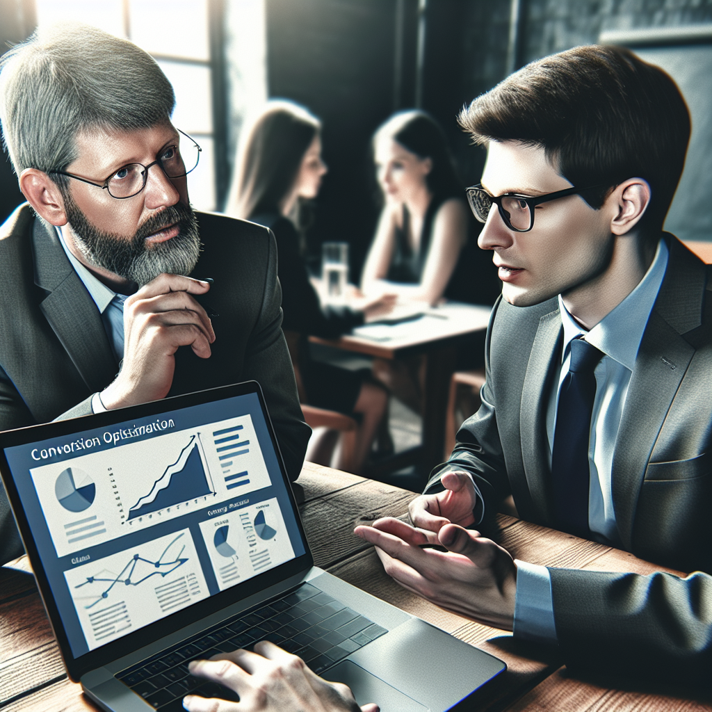 Imaginea in care un client discuta un plan de optimizare a conversiei site-ului cu un specialist IT. Toate persoanele sunt de tip european. Aceasta ar trebui sa arate ca o fotografie.