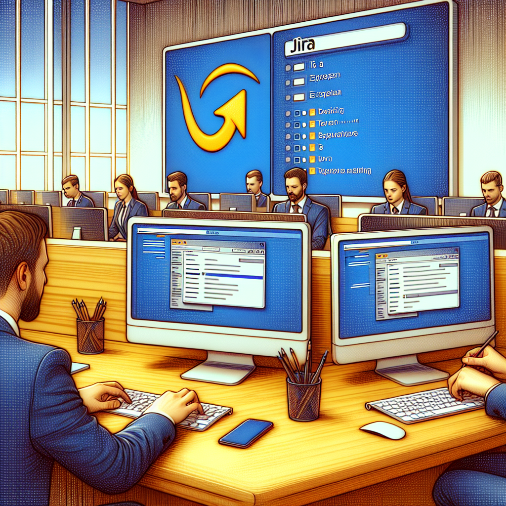 Изображение настроек программного обеспечения Jira, с европейскими специалистами, работающими на компьютерах в современном офисе.